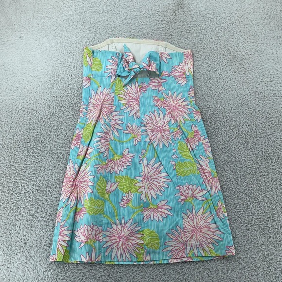 Lilly Pulitzer Strapless Dress‎ Womens 2 Blue Pink Floral Bow Back Sundress Mini - Picture 3 of 10